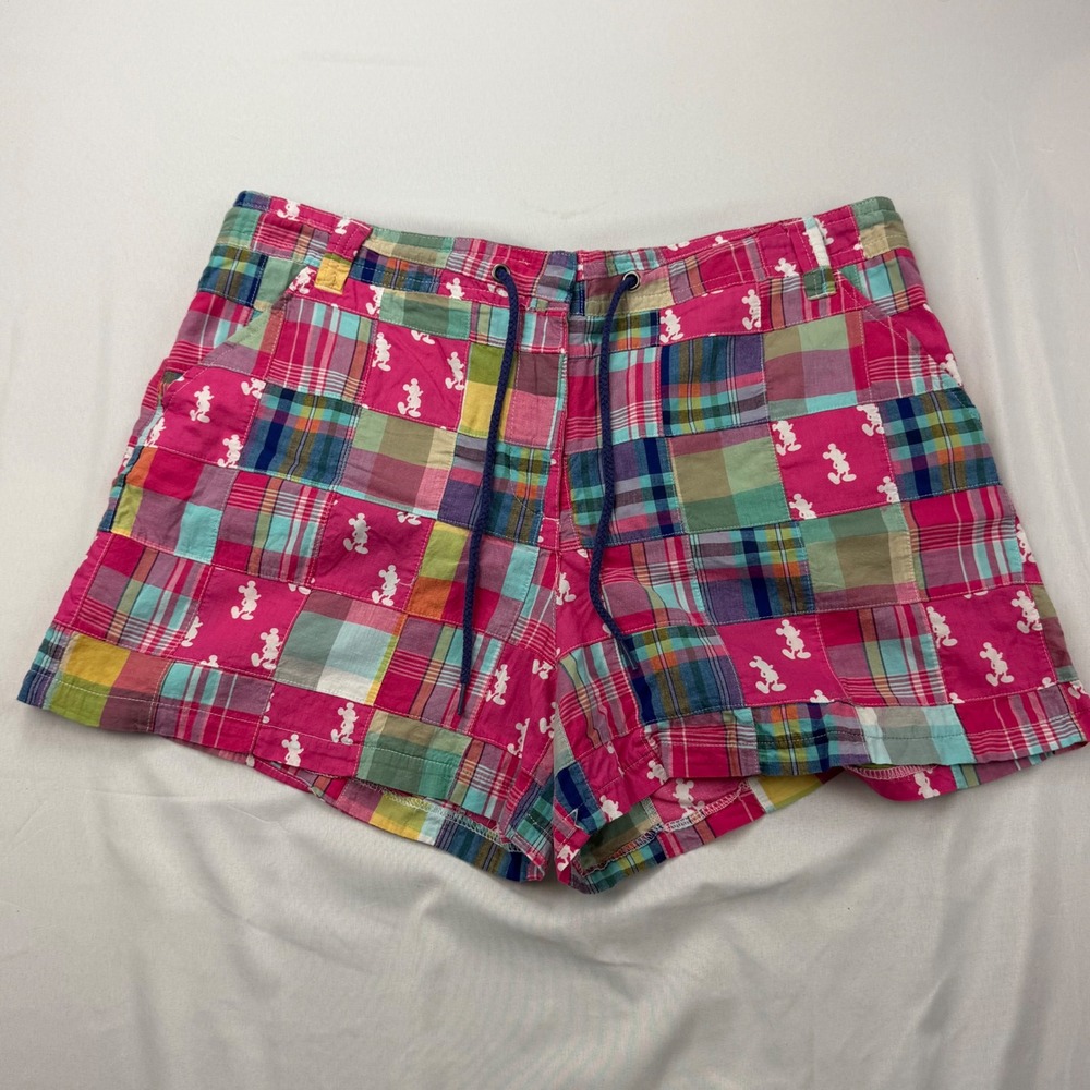 Disney Parks Plaid Patchwork Shorts Womens XL Pink Mickey Mouse Madras K490-3728
